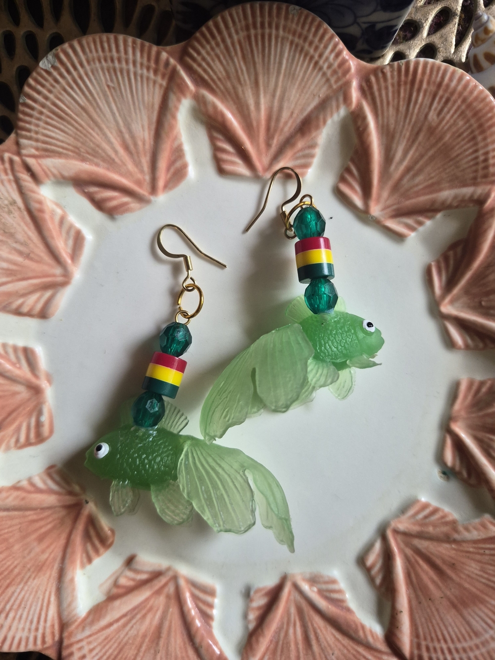 Green Fish Drop Earrings with Colorful Beads